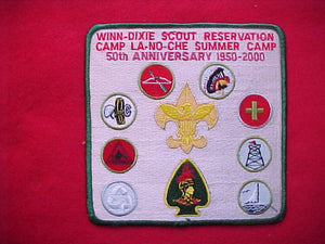 winn-dixie scout reservation, la-no-che summer camp, central florida council, 50th anniv. 1950-2000, 5 1/2" square, green bdr.