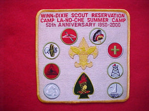 winn-dixie scout reservation, la-no-che summer camp, central florida council, 50th anniv. 1950-2000, 5 1/2" square, yellow bdr.