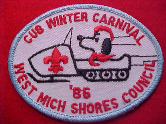 SNOOPY PATCH, 1986, WEST MICHIGAN SHORES C. CUB WINTER CARNIVAL