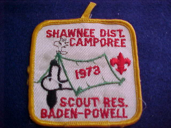 SNOOPY & WOODSTOCK PATCH, 1973, SHAWNEE DISTRICT CAMPOREE, BADEN-POWELL SCOUT RESV., SOILED