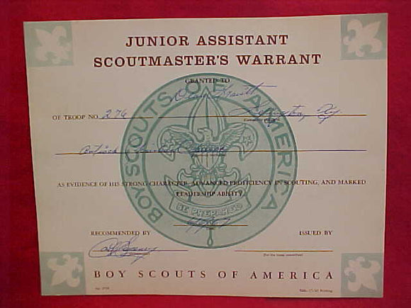 BSA CERTIFICATE, TROOP 276, JUNIOR ASSISTANT SCOUTMASTER'S WARRANT, JULY, 1967