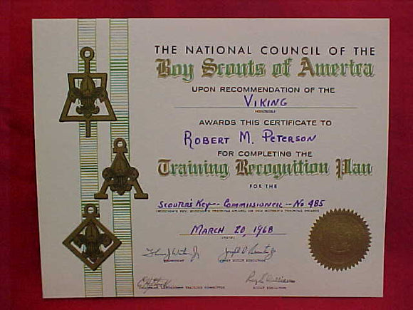 BSA CERTIFICATE, VIKING COUNCIL, TRAINING RECOGNITION PLAN FOR SCOUTER'S KEY/SCOUTMASTER, MARCH 20, 1968