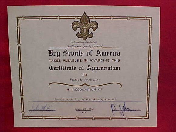 BSA CERTIFICATE, SEBEWAING DISTRICT, BURLINGTON COUNTY COUNCIL, CERTIFICATE OF APPRECIATION, MARCH 19, 1966
