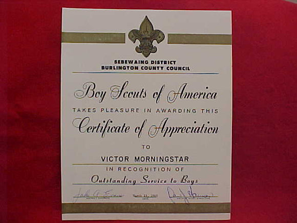 BSA CERTIFICATE, SEBEWAING DISTRICT, BURLINGTON COUNTY COUNCIL, CERTIFICATE OF APPRECIATION, MARCH 13, 1965