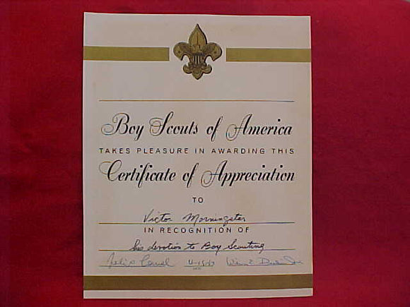 BSA CERTIFICATE, CERTIFICATE OF APPRECIATION, APRIL 15, 1967