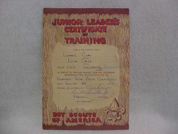 BSA CERTIFICATE, PRARIE COUNCIL, TROOP 200, JUNIOR LEADER'S CERTIFICATE OF TRAINING, DEN CHIEF, AUGUST 28, 1965
