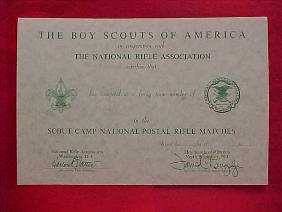 BSA CERTIFICATE, BLANK, NATIONAL RIFLE ASSOC., SCOUT CAMP NATIONAL POSTAL RIFLE MATCHES, 1960'S PRINTING