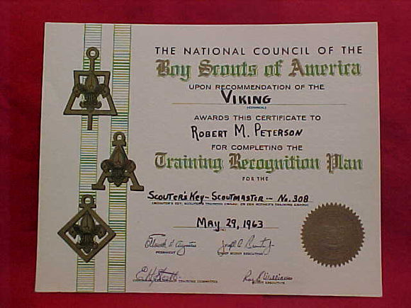 BSA CERTIFICATE, VIKING COUNCIL, TRAINING RECOGNITION PLAN FOR SCOUTER'S KEY/SCOUTMASTER, MAY 29, 1963