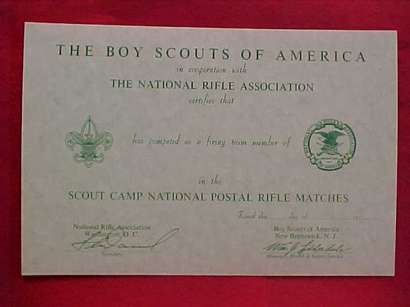 BSA CERTIFICATE, BLANK, NATIONAL RIFLE ASSOC., SCOUT CAMP NATIONAL POSTAL RIFLE MATCHES, 1960'S PRINTING