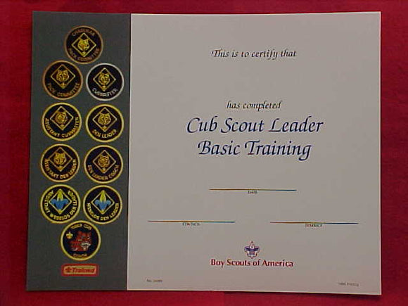 BSA CERTIFICATE, BLANK, CUB SCOUT LEADER BASIC TRAINING, 1996 PRINTING