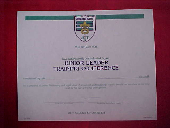 BSA CERTIFICATE, BLANK, SATISFATORY PARTICIPATION IN JUNIOR LEADER TRAINING CONFERENCE, 1994 PRINTING