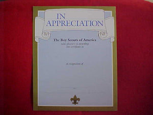 BSA CERTIFICATE, BLANK, "IN APPRECIATION"