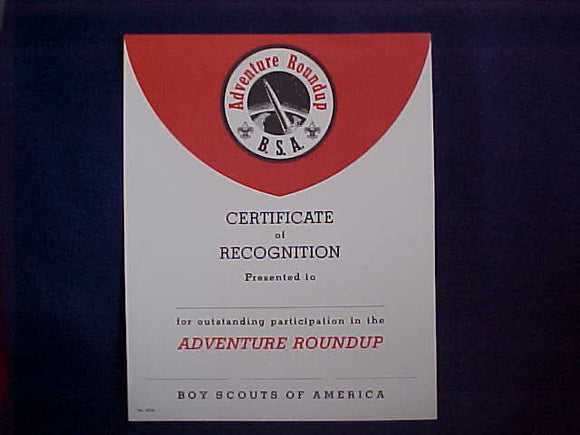 BSA CERTIFICATE, BLANK, PARTICIPATION IN THE ADVENTURE ROUNDUP, 1962 PRINTING