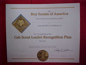 BSA CERTIFICATE, BLANK, COMPLETION OF THE CUB SCOUT LEADER RECOGNITION PLAN