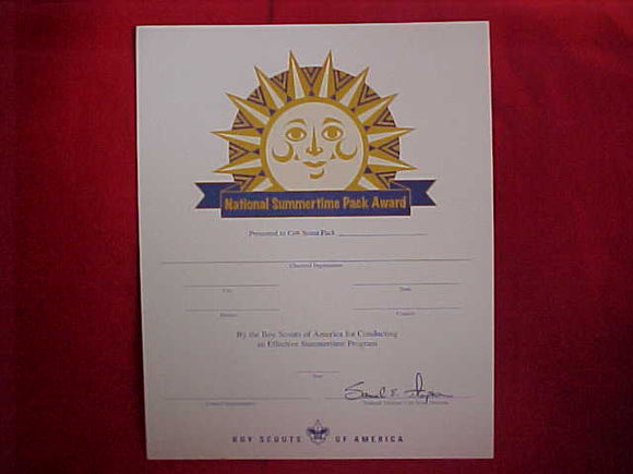BSA CERTIFICATE, BLANK, NATIONAL SUMMERTIME PACK AWARD (FOR CONDUCTION AN EFFECTIVE OUTDOOR SUMMERTIME PROGRAM), 2006 PRINTING