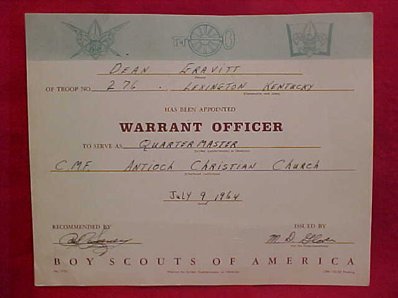 BSA CERTIFICATE, TROOP 276, WARRANT OFFICER TO SERVE AS QUARTERMASTER, JULY 9, 1964