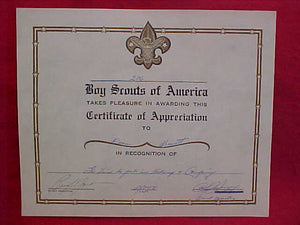 BSA CERTIFICATE, TROOP 276, CERTIFICATE OF APPRECIATION, DEC. 20, 1971