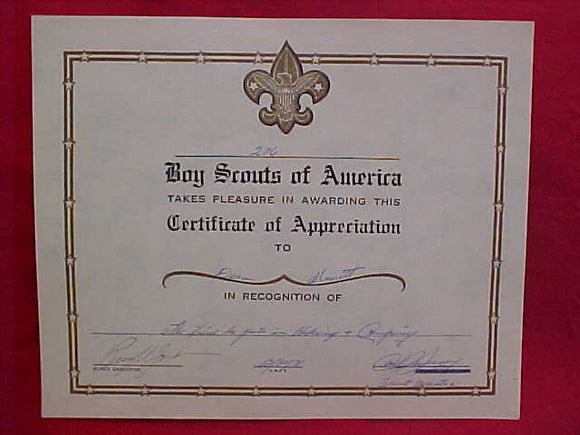 BSA CERTIFICATE, TROOP 276, CERTIFICATE OF APPRECIATION, DEC. 20, 1971