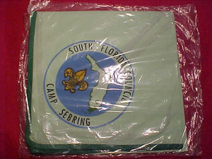 SEBRING CAMP NECKERCHIEF, SOUTH FLORIDA COUNCIL, LT. GREEN W/ MED. GREEN PIPING, MINT IN  ORIG. BAG