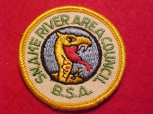 SNAKE RIVER AREA COUNCIL PATCH, 2" ROUND, THICK LETTERS, DK. YELLOW BDR.