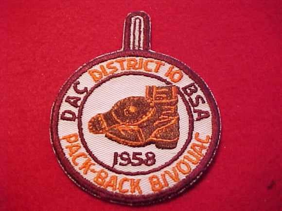 1958, DETROIT AREA C., DISTRICT 10 PACK-BACK BIVOUAC, GLUE ON BACK
