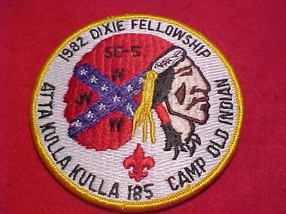 1982 DIXIE FELLOWSHIP PATCH, CAMP OLD INDIAN, YELLOW BDR., NO BUTTON LOOP