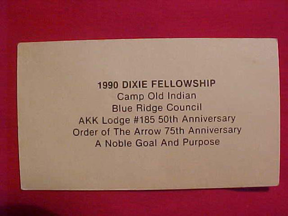 DIXIE FELLOWSHIP BUSINESS CARD, 1990, SE5, CAMP OLD INDIAN, AKK LODGE #185