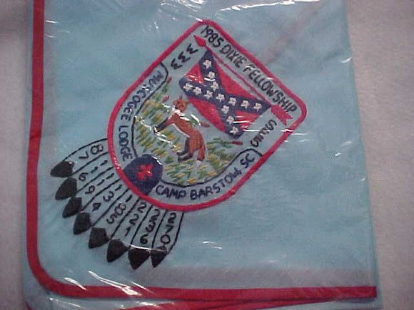 1985 SECTION SE5 DIXIE FELLOWSHIP NECKERCHIEF, HOST LODGE 221-MUSCOGEE, CAMP BARSTOW, MINT IN ORIGINAL BAG