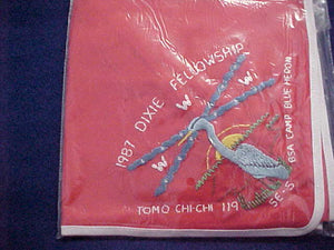 1987 SECTION SE5 DIXIE FELLOWSHIP NECKERCHIEF, HOST LODGE 119-TOMO CHI-CHI, CAMP BLUE HERON, MINT IN ORIGINAL BAG