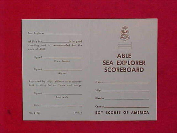 SCOREBOARD CARD, ABLE SEA EXPLORER, PRINT DATE 8/1977, MINT