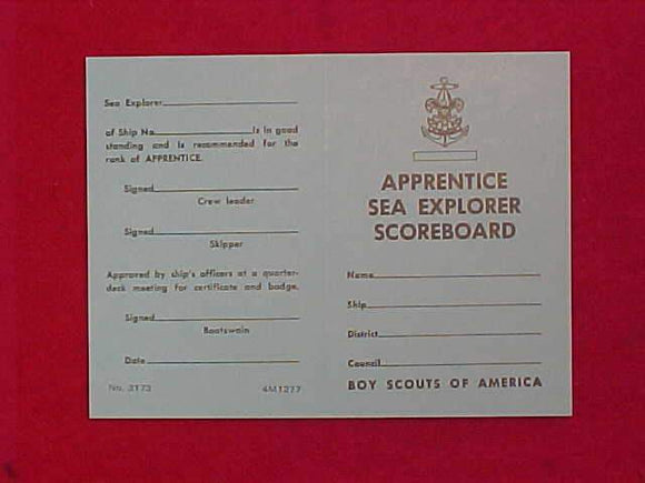 SCOREBOARD CARD, APPRENTICE SEA EXPLORER, PRINT DATE 12/1977, MINT