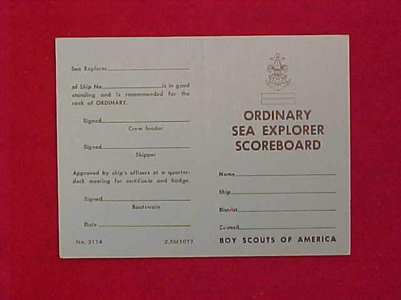 SCOREBOARD CARD, ORDINARY SEA EXPLORER, PRINT DATE 10/1977, MINT