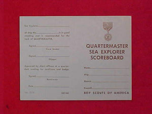 SCOREBOARD CARD, QUARTERMASTER SEA EXPLORER, PRINT DATE 11/1966, MINT