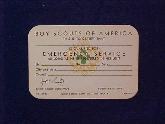 EMERGENCY SERVICE POCKET CARD, PRINT DATE 9/1960, MINT