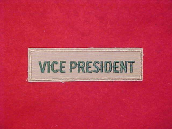 EXPLORER BADGE, VICE PRESIDENT, GREEN ON TAN, 1980-86