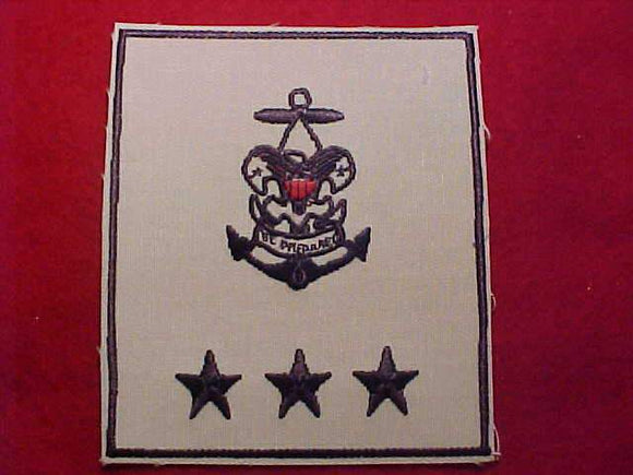 SEA SCOUTING PATCH, REGIONAL CHAIRMAN, 3 STARS, CUT EDGE, CLEAR PLASTIC OVER GAUZE BACK, NAVY ON WHITE TWILL