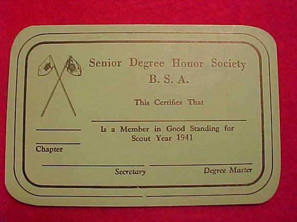 BSA POCKET CARD, 1941, SENIOR DEGREE HONOR SOCIETY, MINT, RAREQ