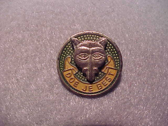 Netherlands Cub Scout pin, Doe Je Best, green/yelllow/silver, 20mm diam., old