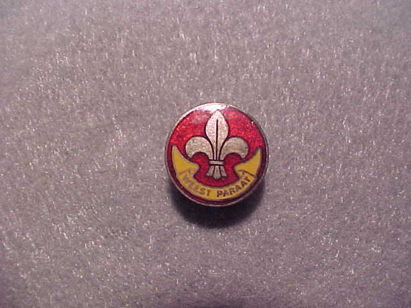 Netherlands pin, Weest Parrat, red/yellow/silver, 16mm diam., old