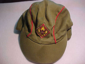 BOY SCOUT HAT, 1950'S, HAS VISOR AND EAR FLAPS FOR WINTER, FLANNEL LINED, NO SIZE LABEL, EAR FLAPS FOLD INSIDE HAT, USED