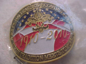 HIKING STICK EMBLEM, BSA 1910-2010, 100 YEARS OF SCOUTING,  TARNISHED BRASS HIGHLIGHTS