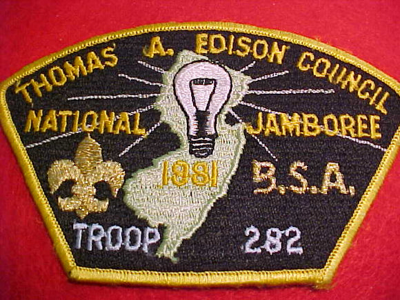 1981 THOMAS A EDISON, TROOP 282, YELLOW BORDER, SOLID EMBROIDERED