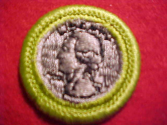 COIN COLLECTING, MERIT BADGE WITH CLEAR PLASTIC BACK, GREEN BORDER, NO IMPRINTS/LOGOS IN PLASTIC, BLACK LETTERS, NO BLACK BORDER, 1973-91