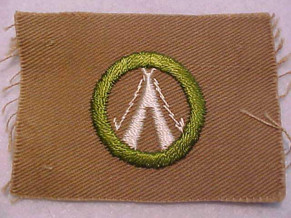 CAMPING MERIT BADGE, SQUARE, 1920'S - 1933, OVERSIZED, 55 X 75MM, MINT