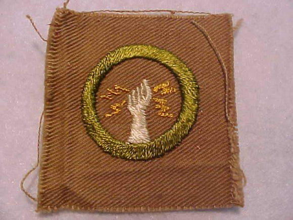 ELECTRICITY MERIT BADGE, SQUARE, 1911 - 1933, 52 X 56MM, USED