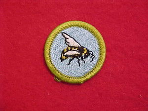 BEEKEEPING, MERIT BADGE WITH CLEAR PLASTIC BACK, GREEN BORDER, NO IMPRINTS/LOGOS IN PLASTIC