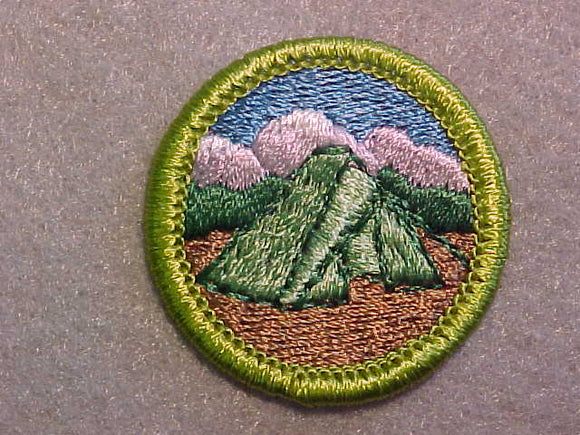 CAMPING, MERIT BADGE WITH CLEAR PLASTIC BACK, GREEN BORDER, NO IMPRINTS/LOGOS IN PLASTIC
