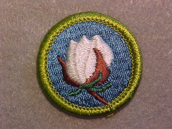 COTTON FARMING, MERIT BADGE WITH CLEAR PLASTIC BACK, GREEN BORDER, NO IMPRINTS/LOGOS IN PLASTIC