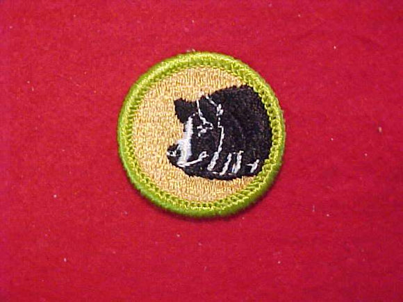 HOG PRODUCTION, MERIT BADGE WITH CLOTH BACK, GREEN BORDER, 1969-72