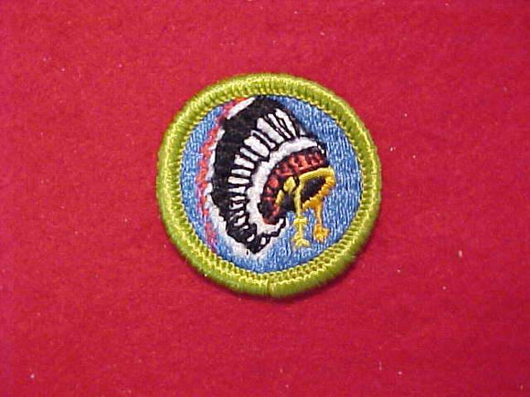 INDIAN LORE, MERIT BADGE WITH CLOTH BACK, GREEN BORDER, 1969-72